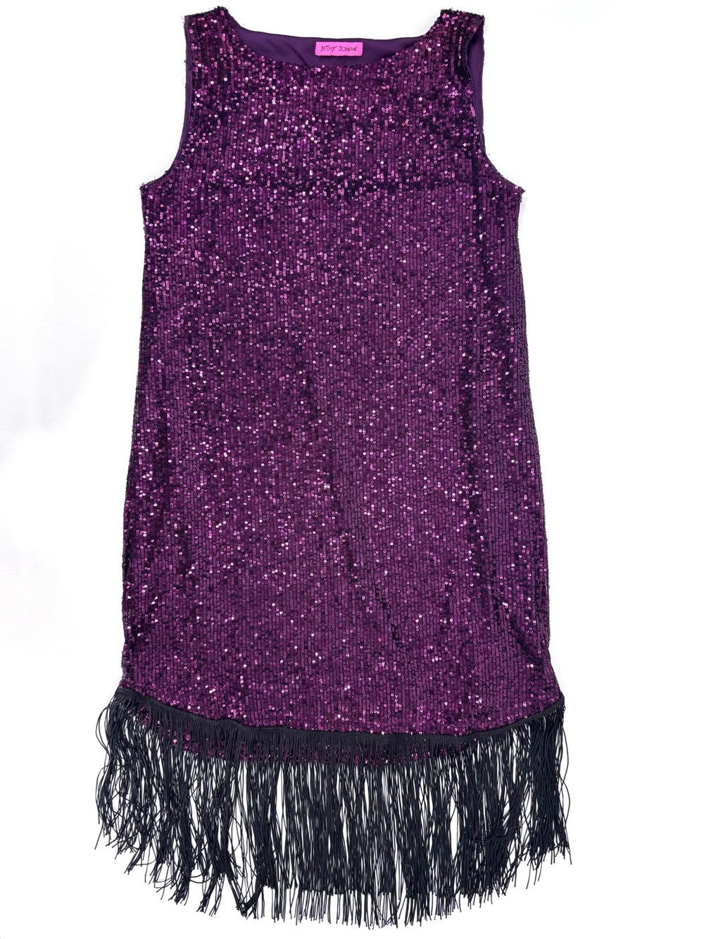 Betsey Johnson Purple Sequin Sleeveless Shift Dress with Black Fringe, Medium